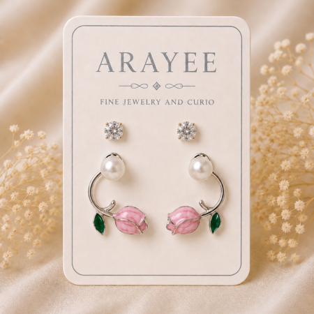 Rose Bud & Pearl Curved Stud Earrings