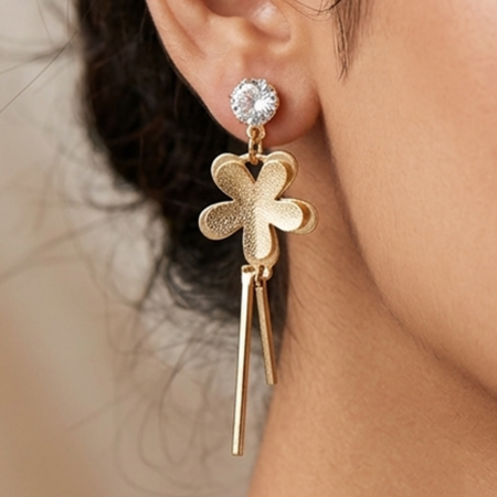 Elegant Floral Drop Earrings with Crystal Studs & Gold Finish