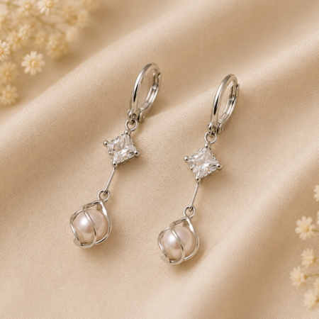 Crystal & Caged Pearl Lever-Back Dangle Earrings